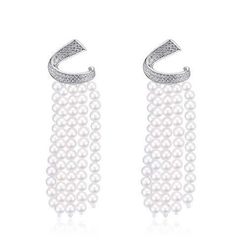 Curved Cubic Zirconia & Multi-Chain Pearl Earrings - House Of Pearls